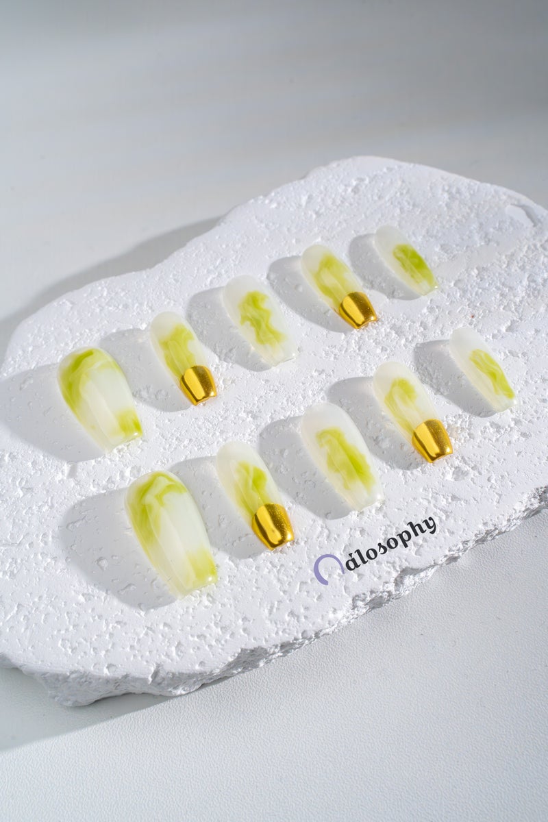Nailosophy Handmade Gel Press-on Nails Abstract Matcha Swirl & Gold Chrome | Coffin Shape - Image 1